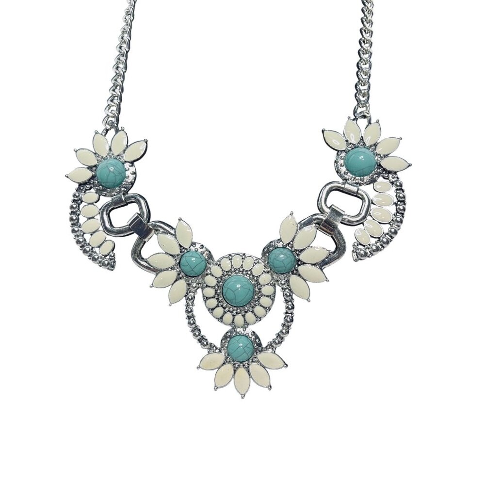 Avon Silver Tone White Enamel And Faux Turquois Statement Necklace (6160) - Picture 2 of 8